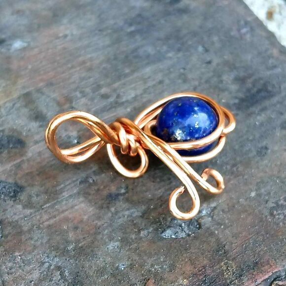 Lapis Lazuli Crystal Beaded Charm Pendant, Wire Wrapped, Copper, 8mm - Picture 2 of 3